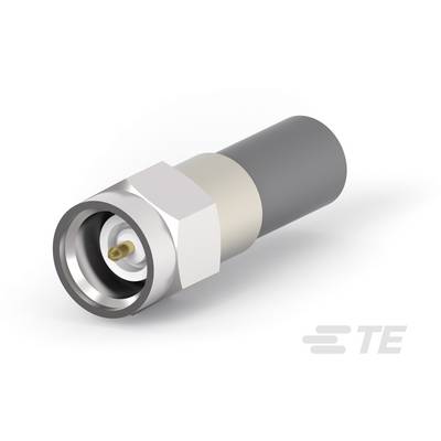 Un connecteur coaxial avec un manchon argenté et un câble noir. Logo de marque 'TE' dans le coin inférieur droit.