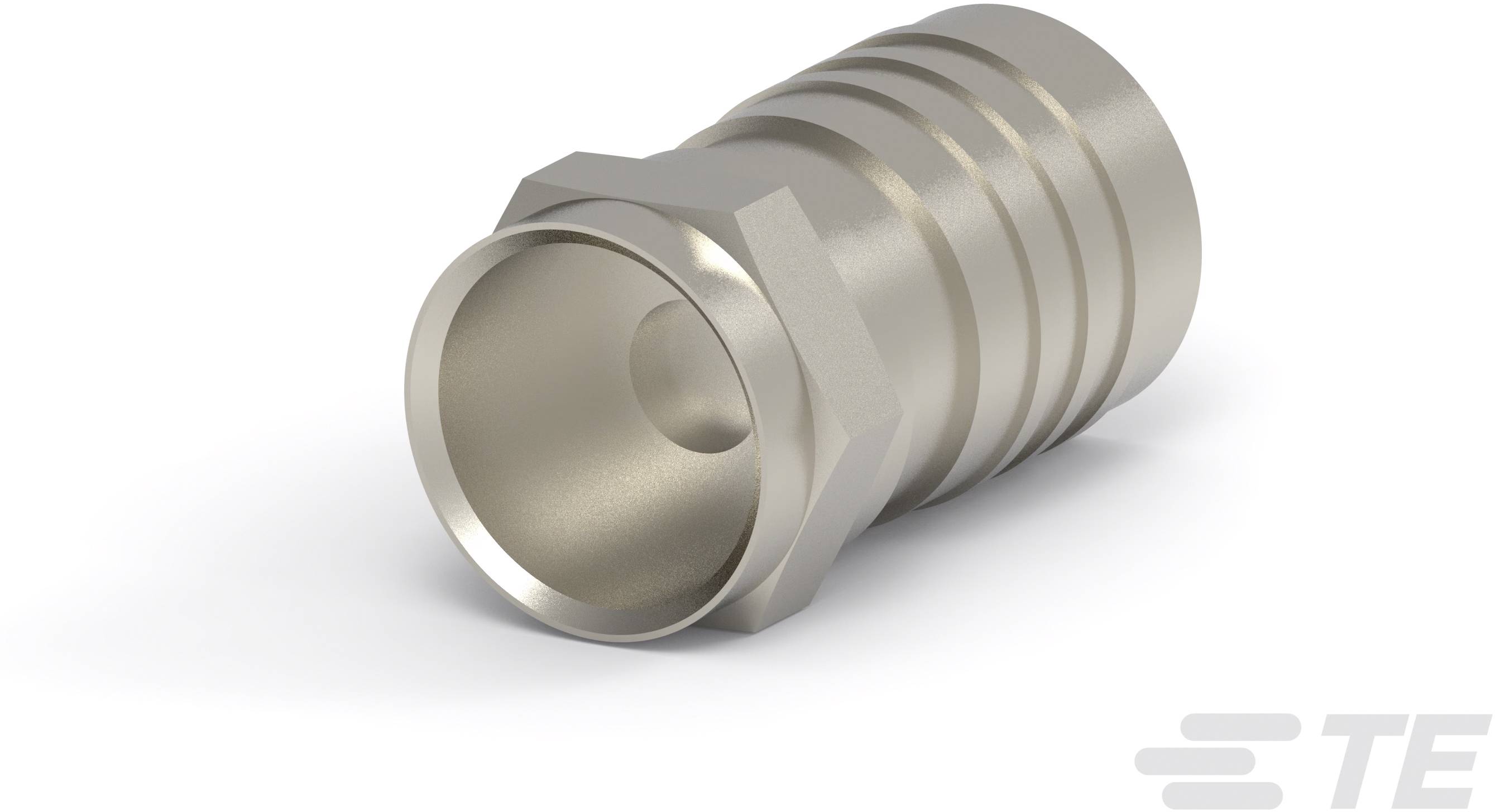 Un adaptateur de connecteur métallique au design cylindrique lisse et à plusieurs rainures. Adapté pour les connexions électroniques.
