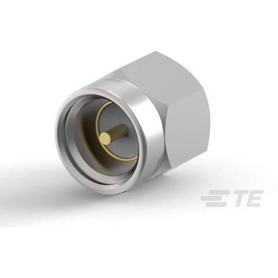 Un connecteur métallique avec une partie filetée hexagonale et une pointe de contact en épingle dorée. Logo 'TE' dans le coin inférieur droit.