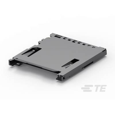 Support de carte SD métallique de couleur grise, présenté en vue en plongée oblique sur fond blanc, avec des découpes latérales.
