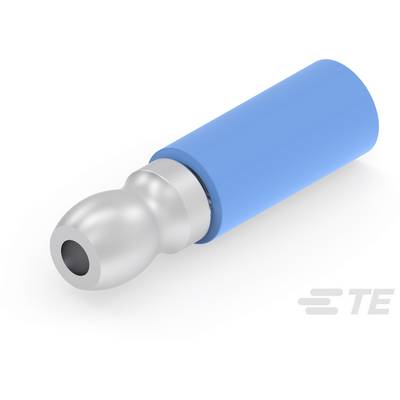 Un connecteur de câble électrique bleu cylindrique avec un raccordement métallique sur un côté. Logo en bas à droite.