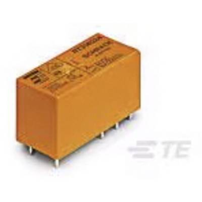 Un relais rectangulaire orange avec des broches métalliques, sur le boîtier duquel figurent des détails techniques. Il appartient aux circuits électroniques.