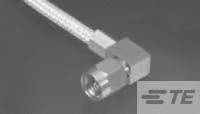 Un connecteur coaxial argenté avec un raccordement coudé est visible. Logo de marque dans le coin inférieur droit.