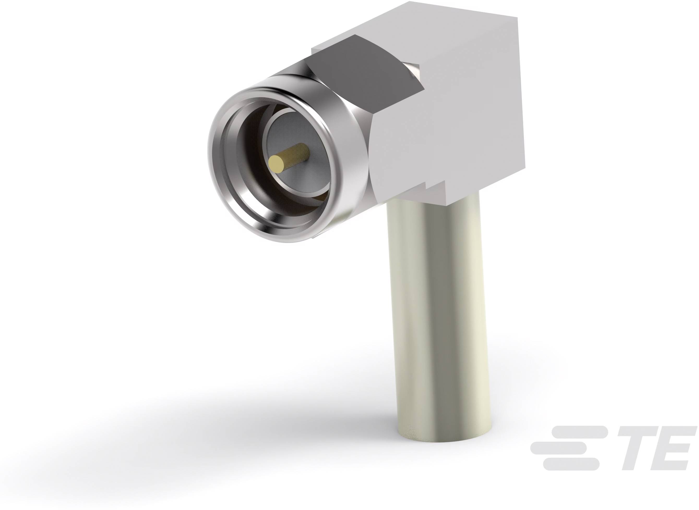 Image d'un connecteur coaxial à angle droit avec boîtier métallique, adapté aux connexions de câbles dans les appareils électriques.
