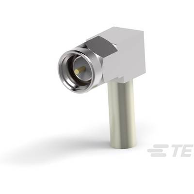 Image d'un connecteur coaxial à angle droit avec boîtier métallique, adapté aux connexions de câbles dans les appareils électriques.