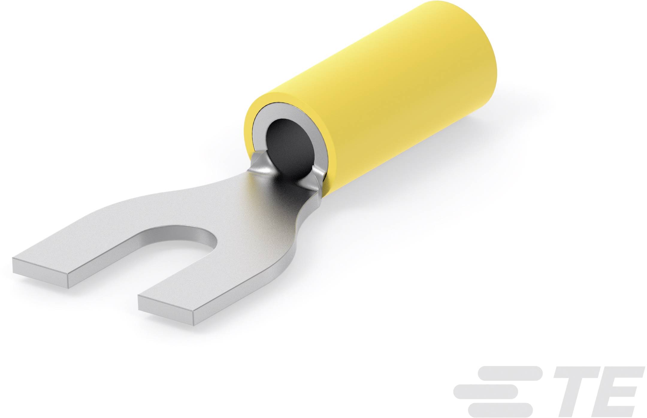 Borne de câble isolée jaune en forme de fourche, utilisée pour les connexions électriques, sur fond blanc.