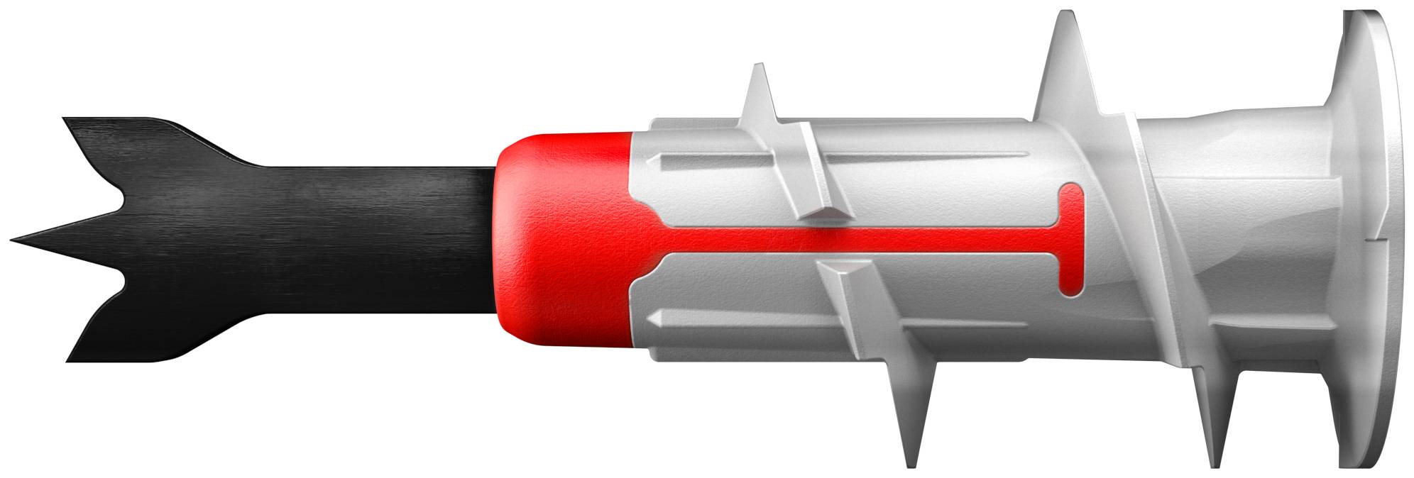 Illustration d'un support de serre-câble avec un collier de serrage noir inséré dans une ancre en plastique rouge et argentée.