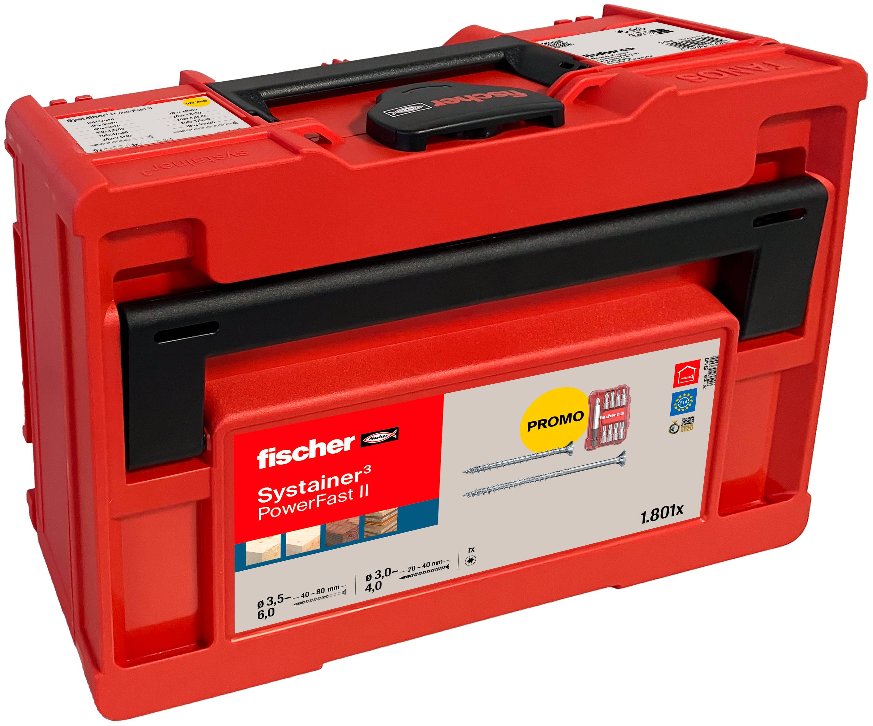 Boîtier de transport en plastique rouge pour les vis PowerFast II de Fischer Systainer et les chevilles murales, présenté fermé avec l'étiquette du produit et la poignée.
