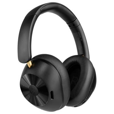 Casque audio noir supra-auriculaire avec des coussinets d'oreille doux et un arceau rembourré. Ils sont sans fil et présentent un design moderne.