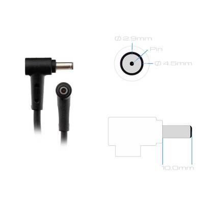 Fiche d'alimentation à design coudé, dimensions : diamètre de broche 2,9 mm, diamètre extérieur 4,5 mm, longueur 10 mm.
