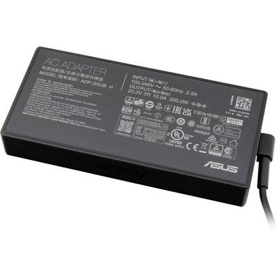 L'image montre un chargeur adaptateur secteur Asus noir avec des spécifications imprimées. Il dispose d'entrées de 100-240V et de sorties de 20V, 10A.