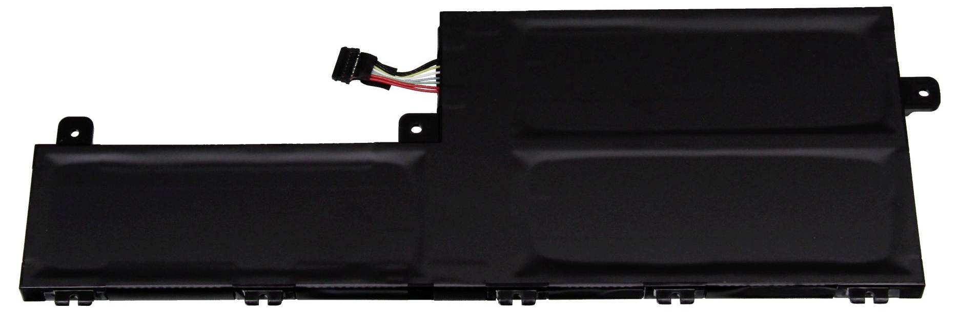 Batterie d'ordinateur portable noire avec plusieurs cellules et câble de connexion en haut à gauche, de forme rectangulaire.