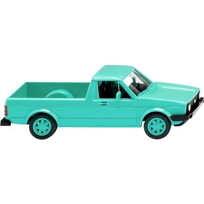 Modèle réduit d'un camion pick-up turquoise, vu de profil, avec sa benne visible et des détails marquants dans un design épuré.