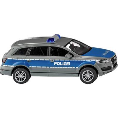 Une voiture miniature d'un SUV de police allemand avec une peinture bleue et l'inscription 'POLIZEI' sur le côté, ainsi qu'une rampe lumineuse bleue sur le toit.