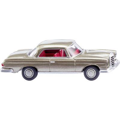 Une voiture miniature en marron métallisé avec des sièges intérieurs rouges. Elle présente un design classique et nostalgique.