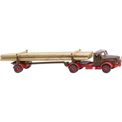 Camion-jouet en bois avec une cabine marron et un châssis rouge transportant des bûches.