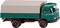 Un camion-modèle avec une cabine verte, une bâche beige et des roues rouges. Le camion est représenté de côté et conçu avec un grand souci de détails.
