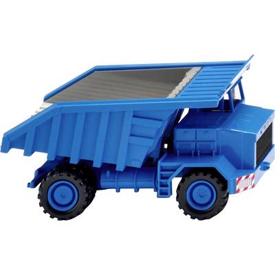 Un camion-benne bleu avec une zone de chargement noire et des marches sur le côté, est posé sur une surface plane.