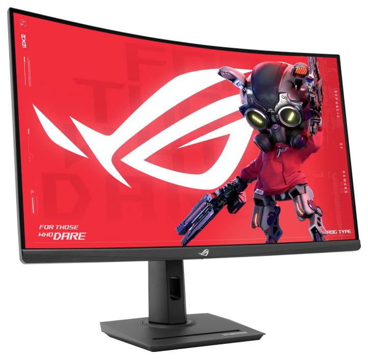 Un moniteur gaming incurvé avec le logo ROG et un personnage robotique sur un fond rouge.