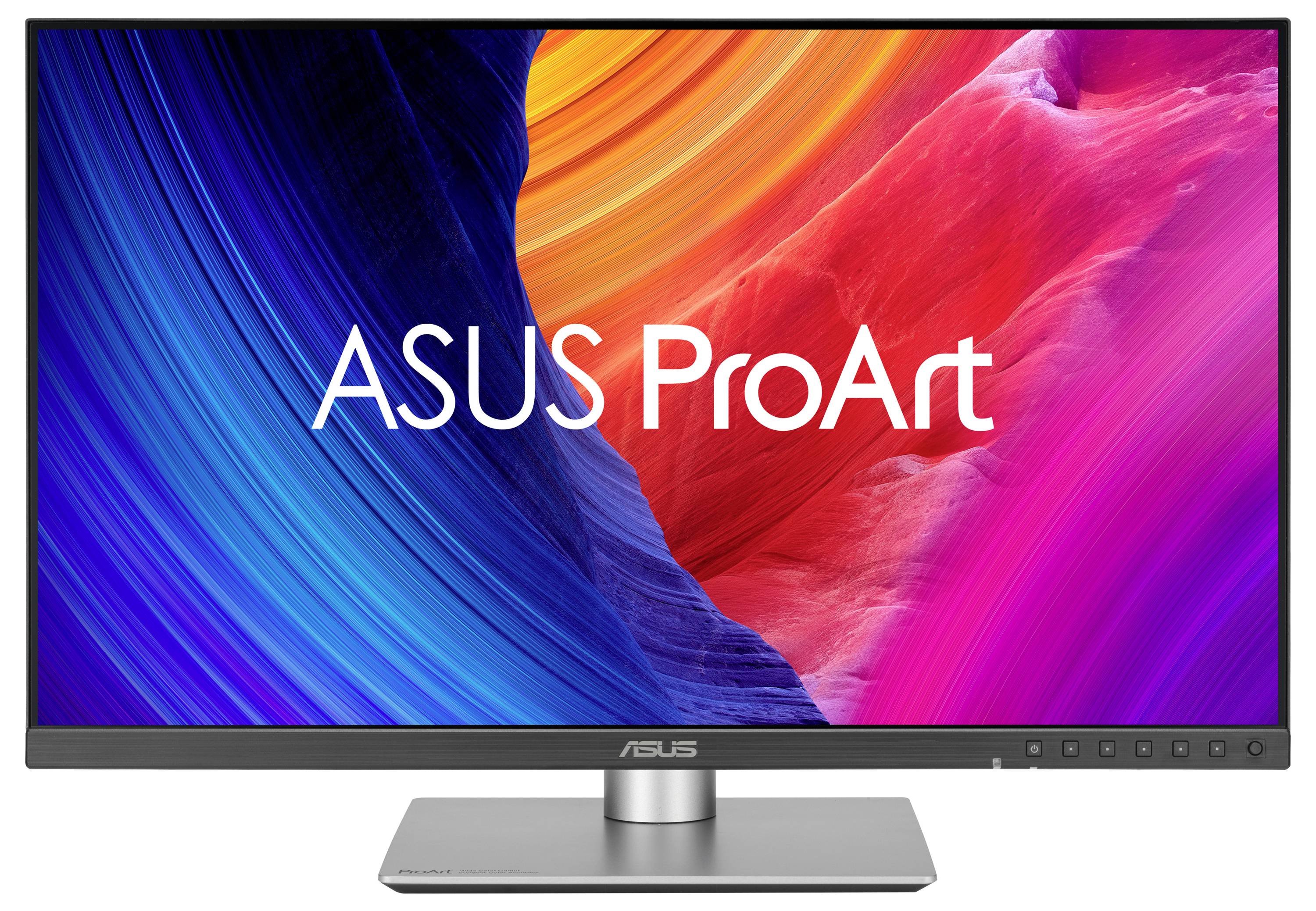 Un moniteur ASUS ProArt avec un écran lumineux en bleu, orange et rose. Idéal pour les travaux créatifs avec une reproduction des couleurs exceptionnelle.