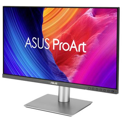 Un moniteur ASUS ProArt avec un écran coloré affiche un fond vibrant dans des tons de bleu et de rouge.