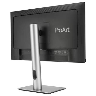 Un moniteur avec un socle argenté, le logo 'ProArt' à l'arrière. La zone de connexion du moniteur est visible.