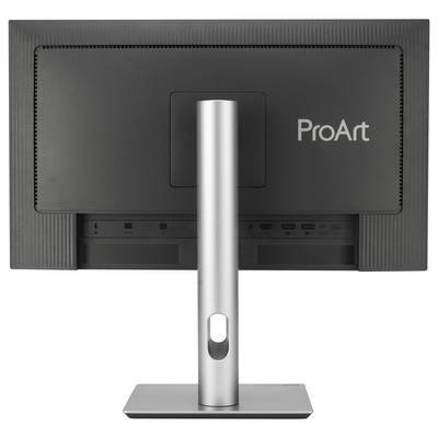 Arrière d'un moniteur d'ordinateur portant l'inscription 'ProArt'. Le moniteur est posé sur un socle argenté.