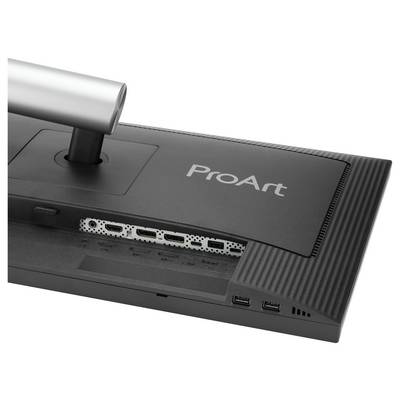 Dos d'un moniteur ProArt avec différentes connexions telles que USB et HDMI, dans un design professionnel.