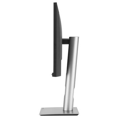 Vue latérale d'un écran d'ordinateur plat avec un support élégant en argent reposant sur un socle rectangulaire.