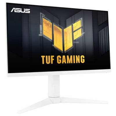 Un moniteur de gaming ASUS TUF avec un socle blanc affiche un logo TUF Gaming jaune sur un fond noir.
