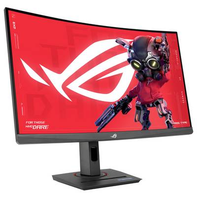 Moniteur de jeu ROG avec écran incurvé. Un logo caractéristique et une figure futuriste sont mis en évidence de manière proéminente.