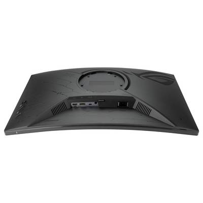 Le dos d'un écran d'ordinateur incurvé présente des ports, notamment HDMI et DisplayPort, ainsi qu'une connexion d'alimentation.