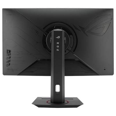 Un moniteur d'ordinateur vu de dos, avec un support réglable robuste. Le design présente des motifs futuristes et un logo de marque.
