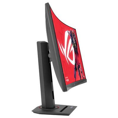 Un moniteur de jeu incurvé avec un écran rouge et des graphiques de robot stylisés. Vue de côté montrant un design élégant.