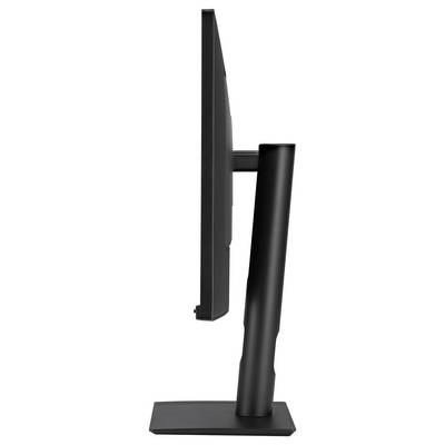 Vue latérale d'un écran d'ordinateur au design élégant et moderne, monté sur un support réglable en hauteur.