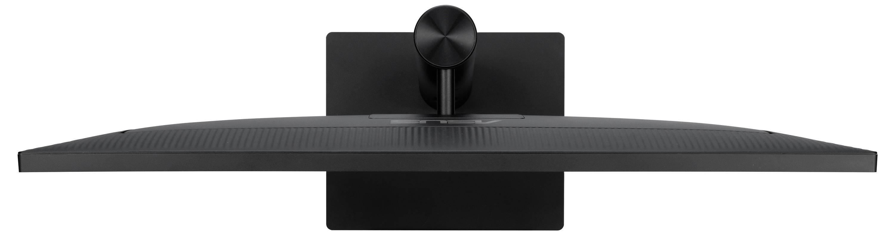 Un moniteur d'ordinateur noir et incurvé, vu de dessus, montrant sa structure et son pied central.