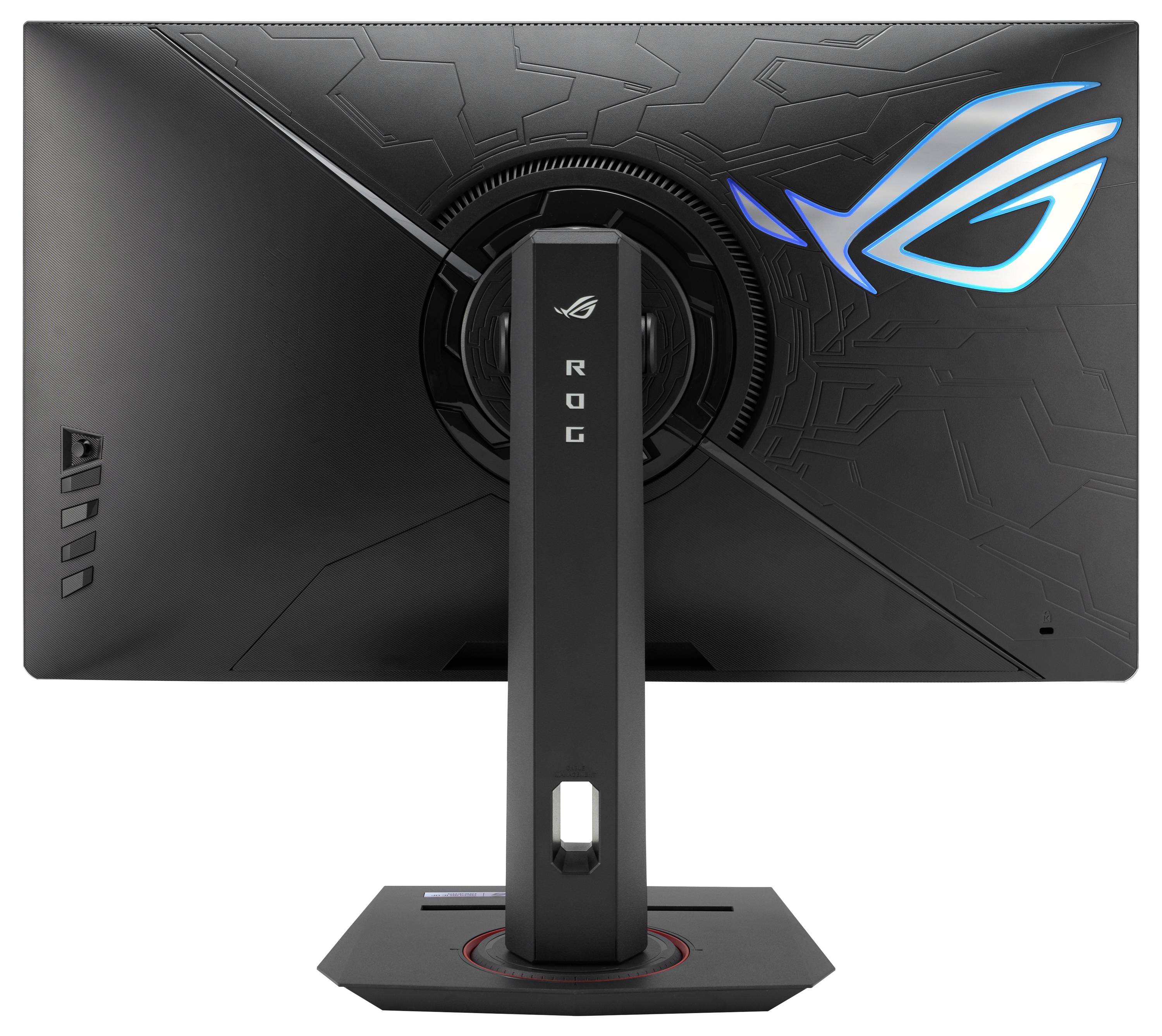 Un moniteur de gaming vu de dos avec un logo illuminé. Le design présente une palette de couleurs noir et bleu avec des détails futuristes.