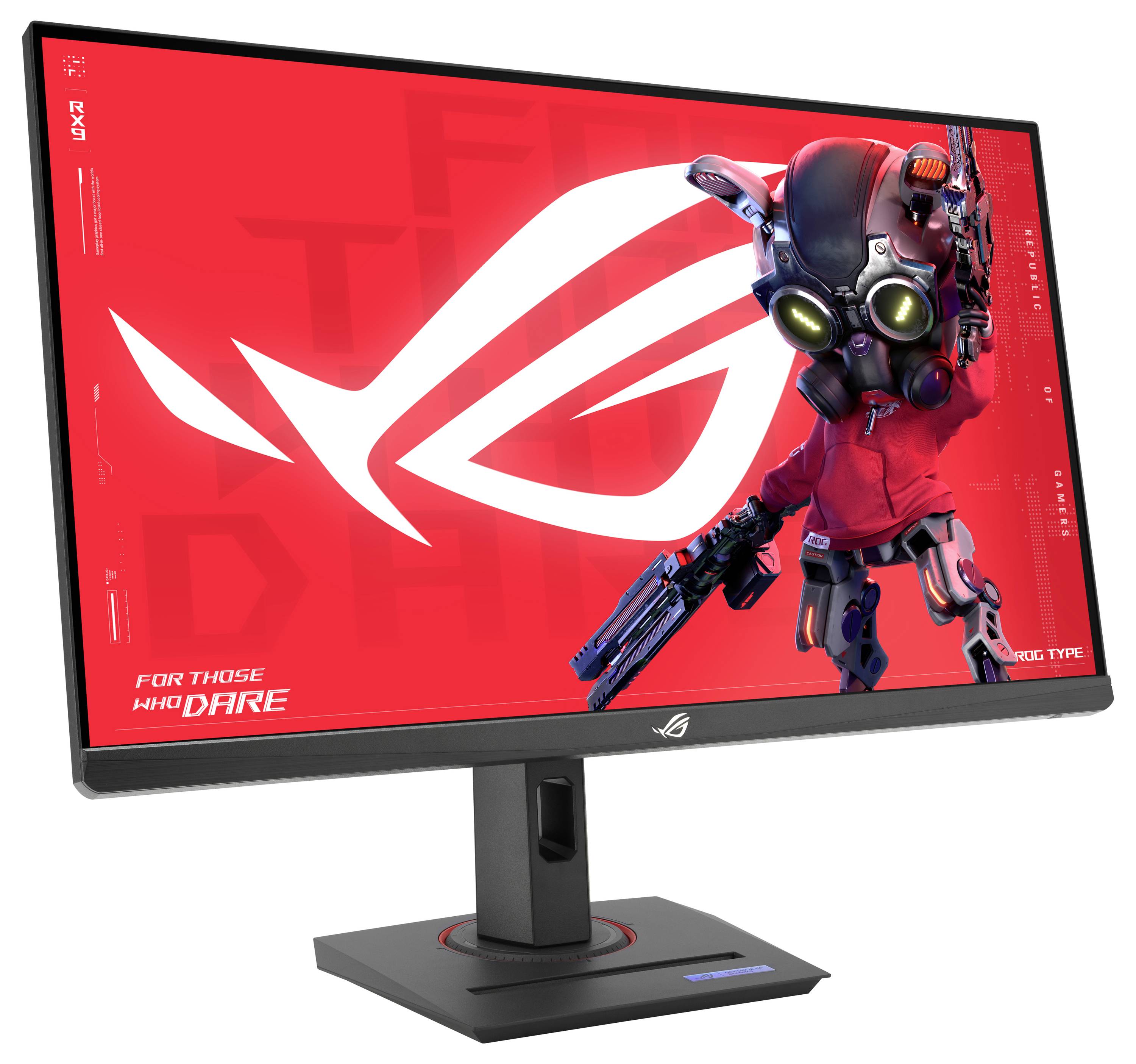 Un moniteur d'ordinateur au design rouge et noir affiche une mascotte de robot futuriste et le logo ROG sur l'écran.