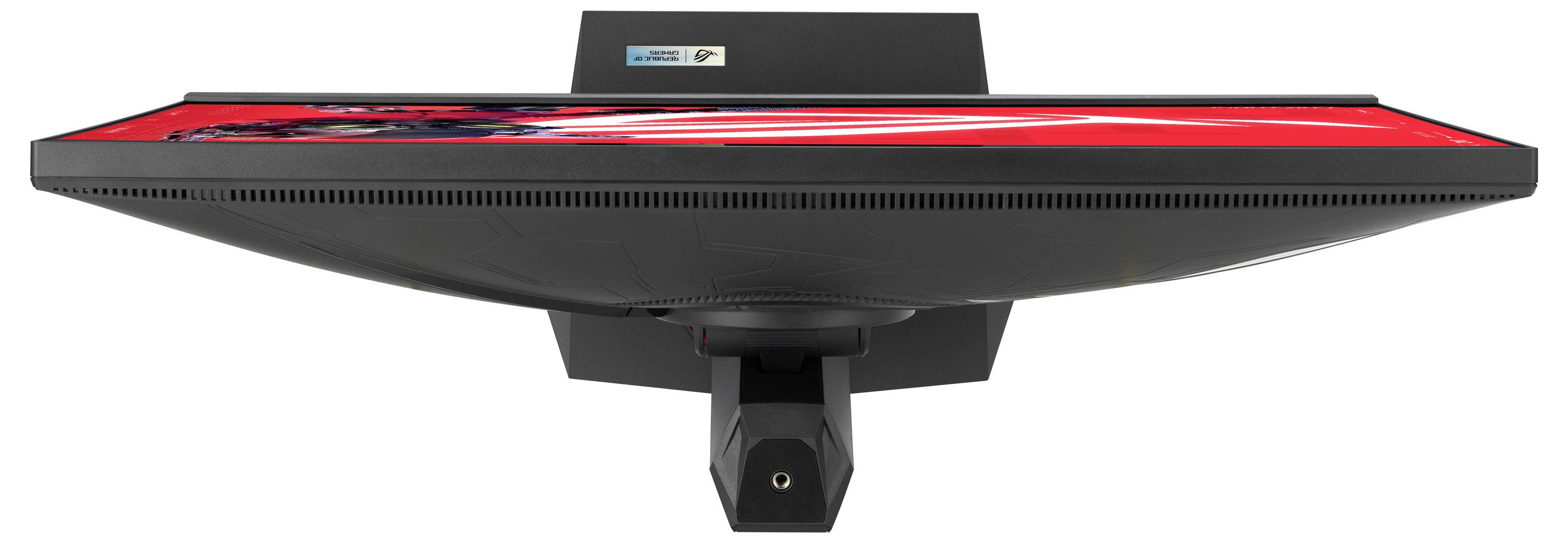 Un écran d'ordinateur photographié du dessus, affichant un écran rouge vif avec des éléments noirs sur les bords, sur un fond noir.