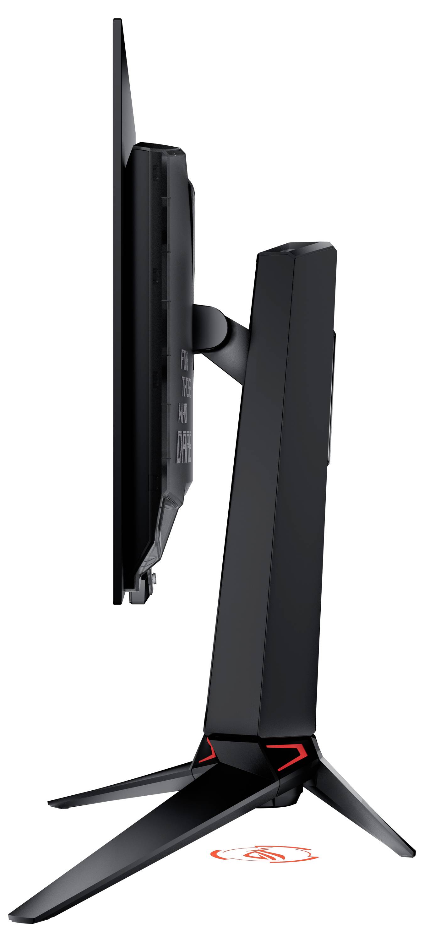 Vue latérale d'un moniteur d'ordinateur moderne avec un socle fin, un boîtier noir et un accent rouge.