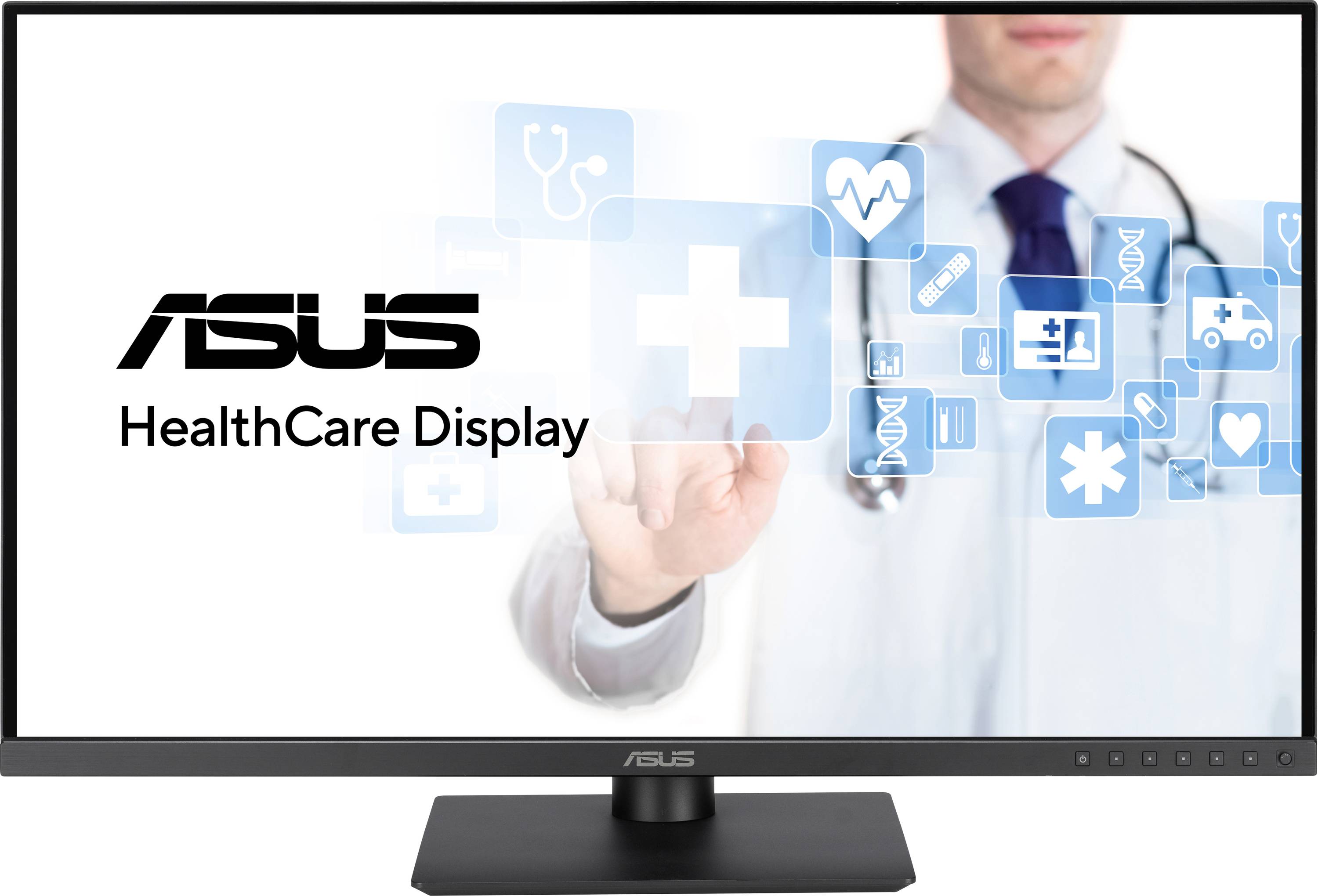 Un médecin en blouse blanche pointe un écran virtuel avec des symboles médicaux ; à côté est inscrit 'ASUS HealthCare Display'.