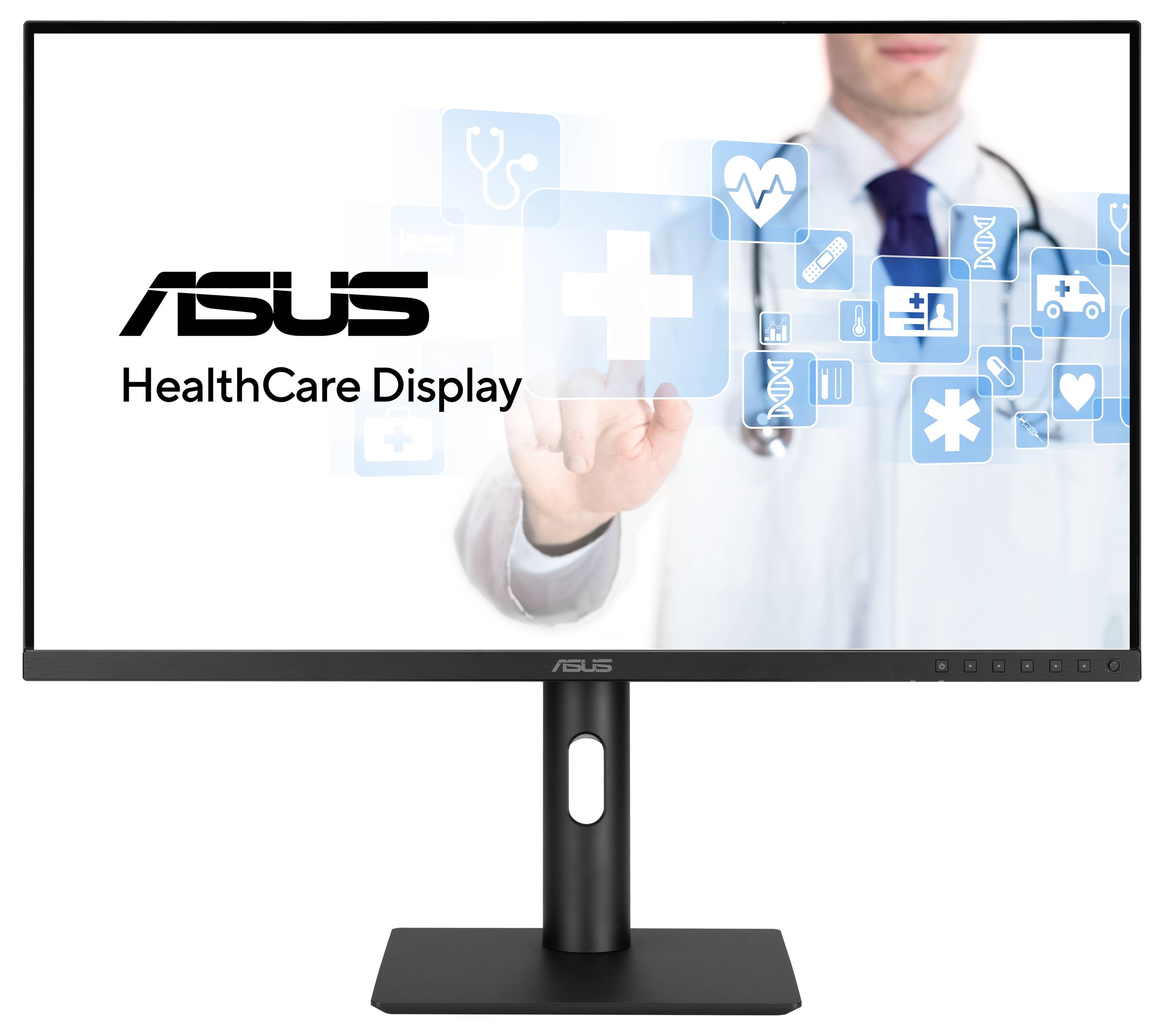 Un médecin pointe vers un écran virtuel avec des symboles de santé. « Écran de santé ASUS » est inscrit à gauche.