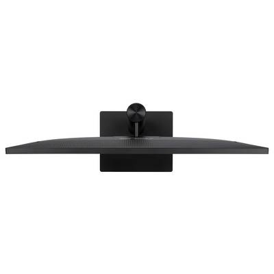 Un moniteur d'ordinateur incurvé vu de dos, montrant le socle et l'angle d'inclinaison de l'écran, avec une finition noire.