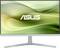 Un écran d'ordinateur ASUS avec un support de design minimaliste, affichant le logo ASUS devant un arrière-plan vert aux formes ondulantes.