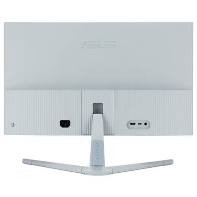 Face arrière d'un écran Asus au design clair, avec un socle central et des ports d'alimentation et HDMI situés sur le côté droit.
