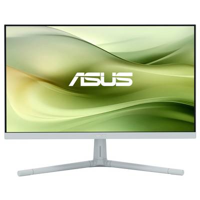 Un moniteur ASUS à large écran et bordure fine. Des dégradés verts ondulants sont visibles en arrière-plan.