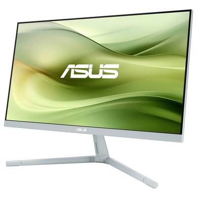 Un moniteur Asus affiche le logo Asus sur un fond vert ondulé. Le moniteur présente un design moderne sans bordure.