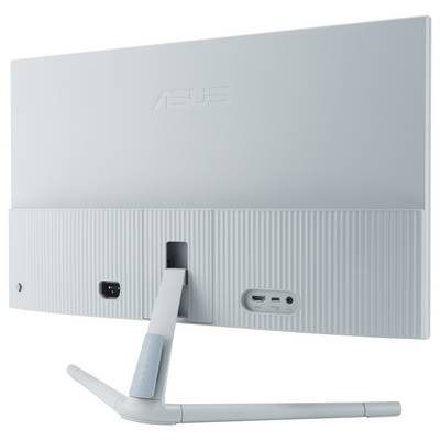 Un ordinateur tout-en-un blanc vu de dos, montrant le support et les ports HDMI et USB-C.