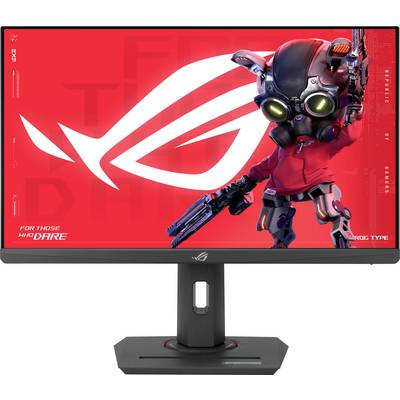 Un écran affiche une créature robotique futuriste aux yeux rouges et armée, sur un fond rouge avec le logo ROG.