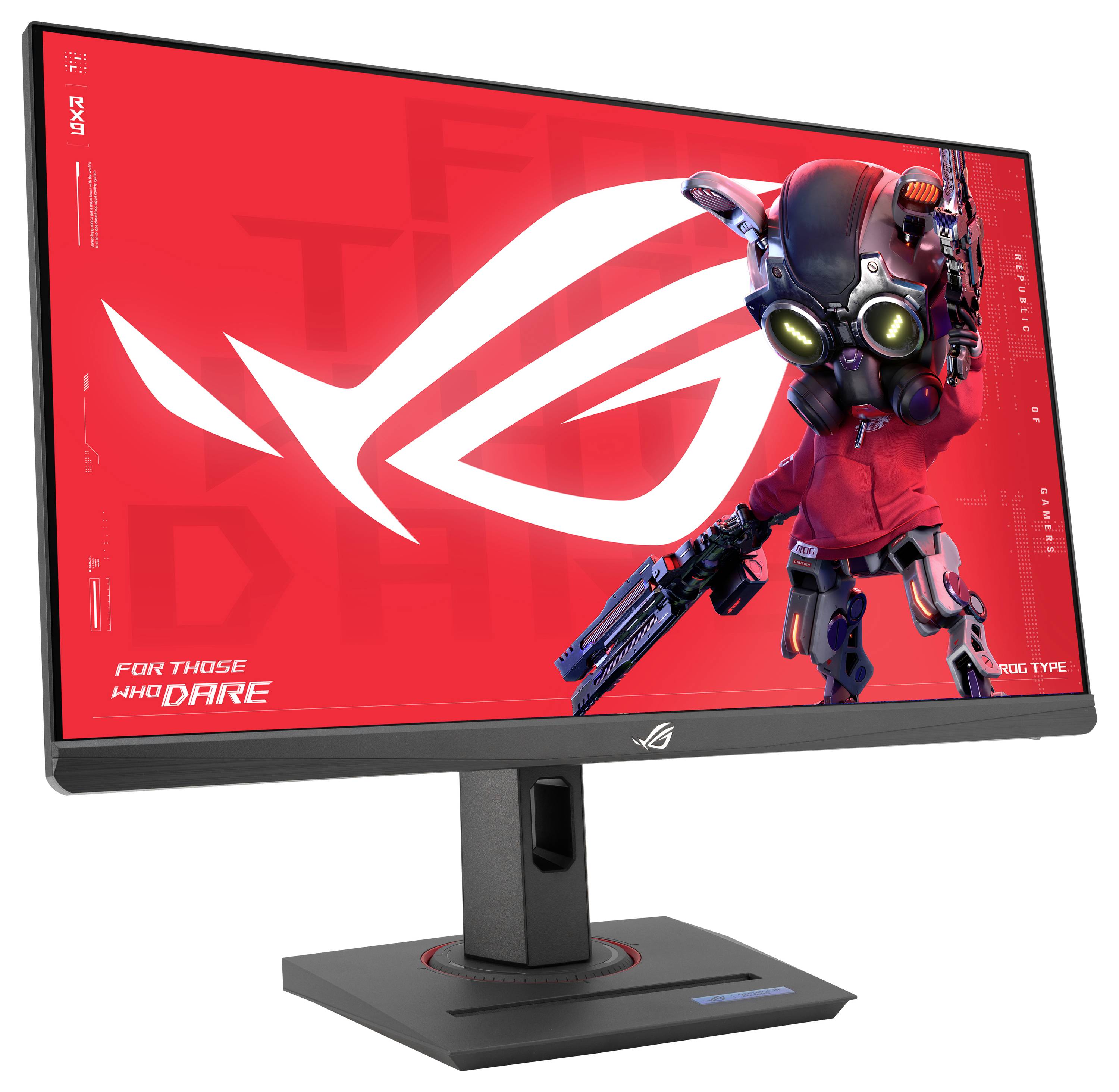 Un écran d'ordinateur avec un arrière-plan rouge vif affiche un design de robot futuriste et un logo stylisé.